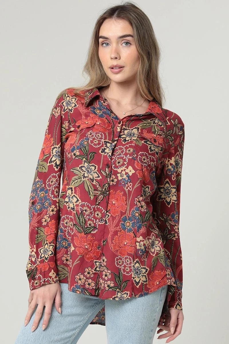 Floral long sleeve button down with tie back Floral long sleeve button down with tie back
