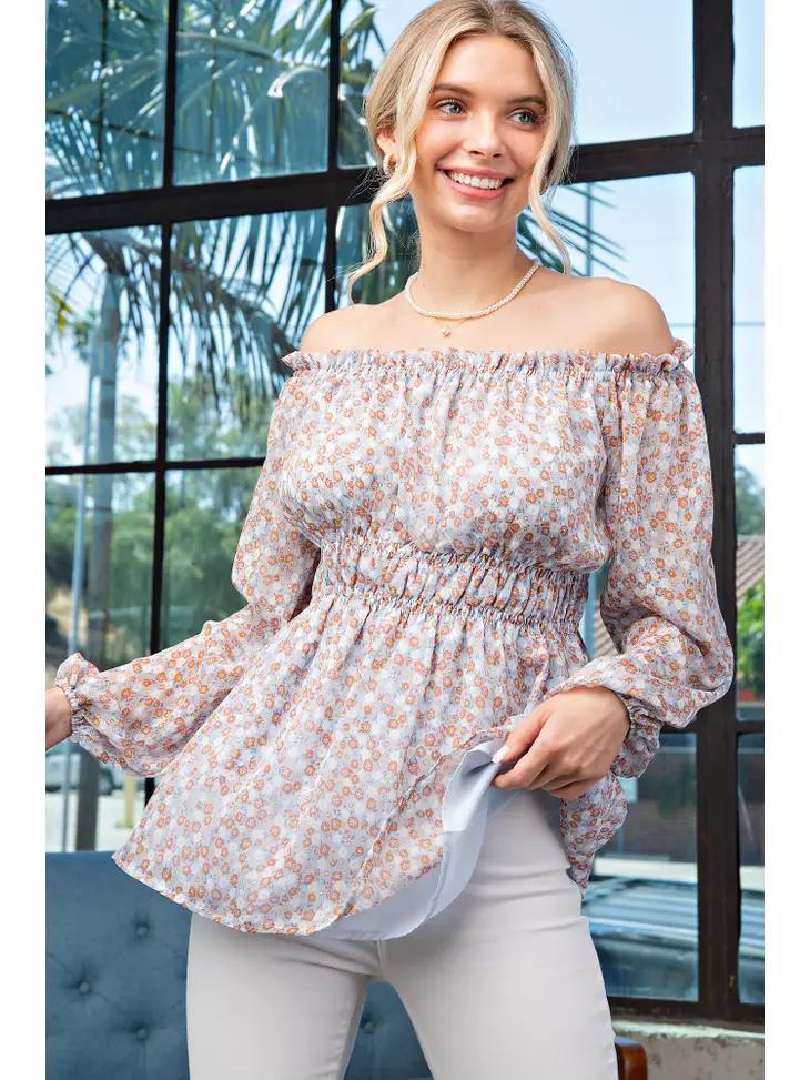 Floral Mist Off the Shoulder Top | Sky & Orange