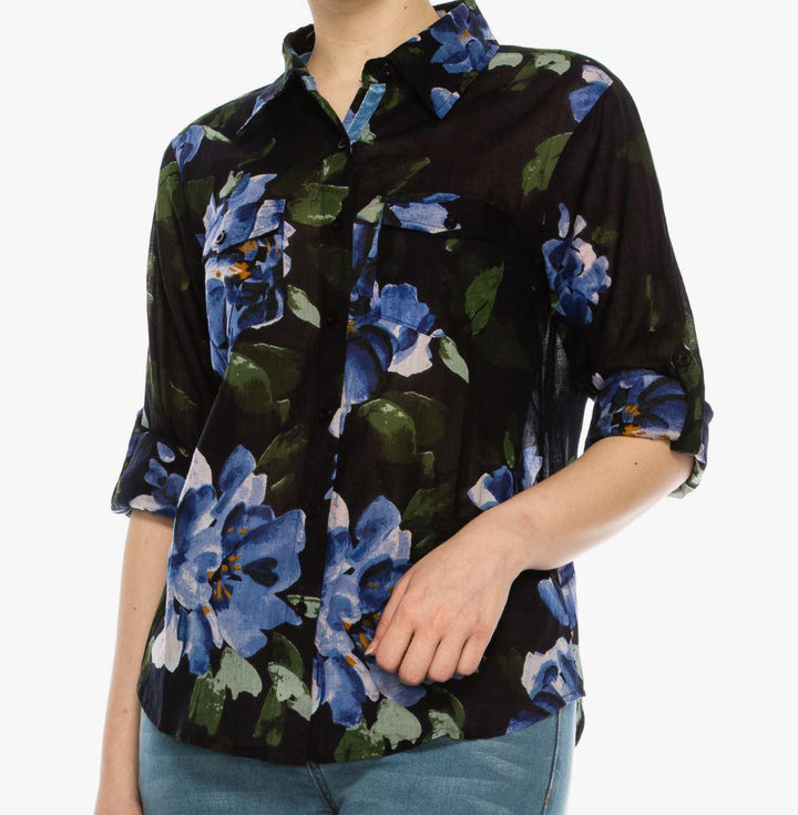 Floral Printed Button-Down Shirt  | Navy