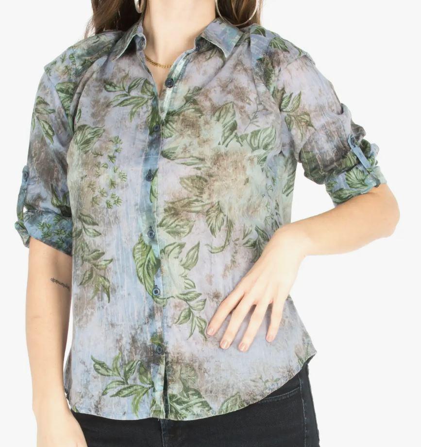 Floral Printed Button-Down Shirt with Vintage Wash