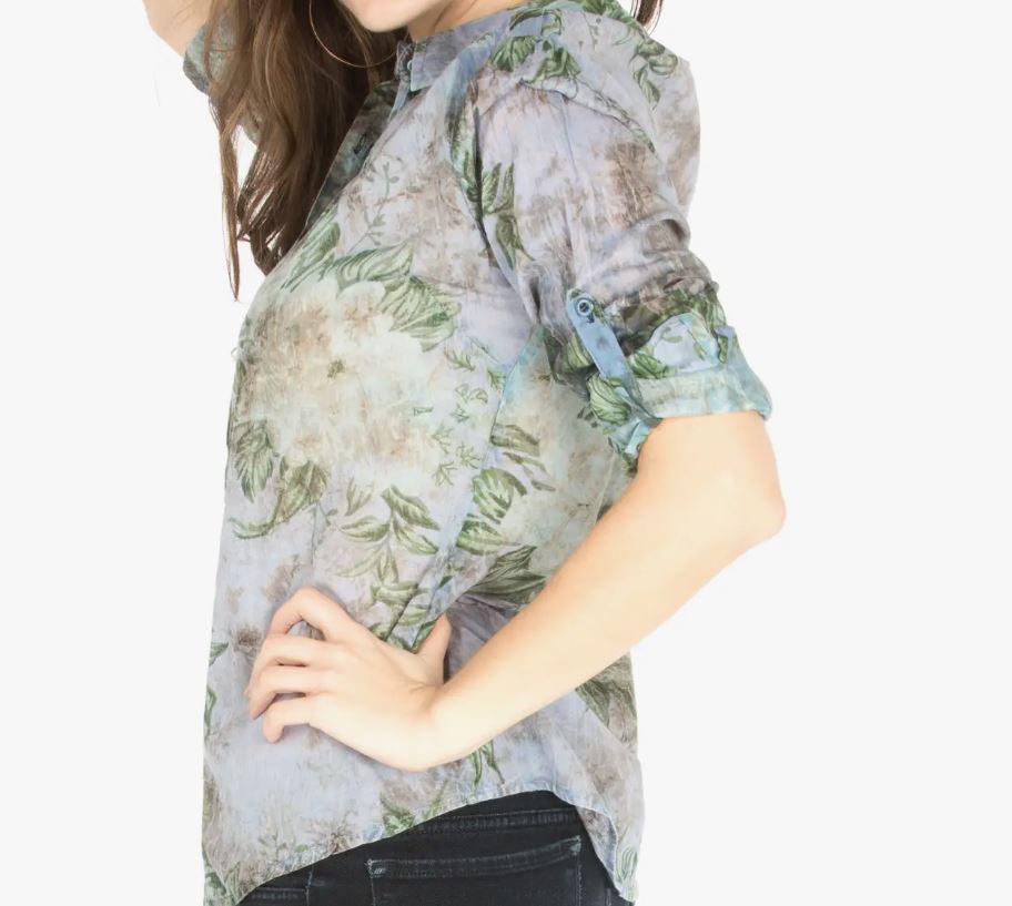 Floral Printed Button-Down Shirt with Vintage Wash
