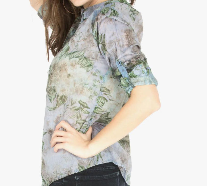 Floral Printed Button-Down Shirt with Vintage Wash