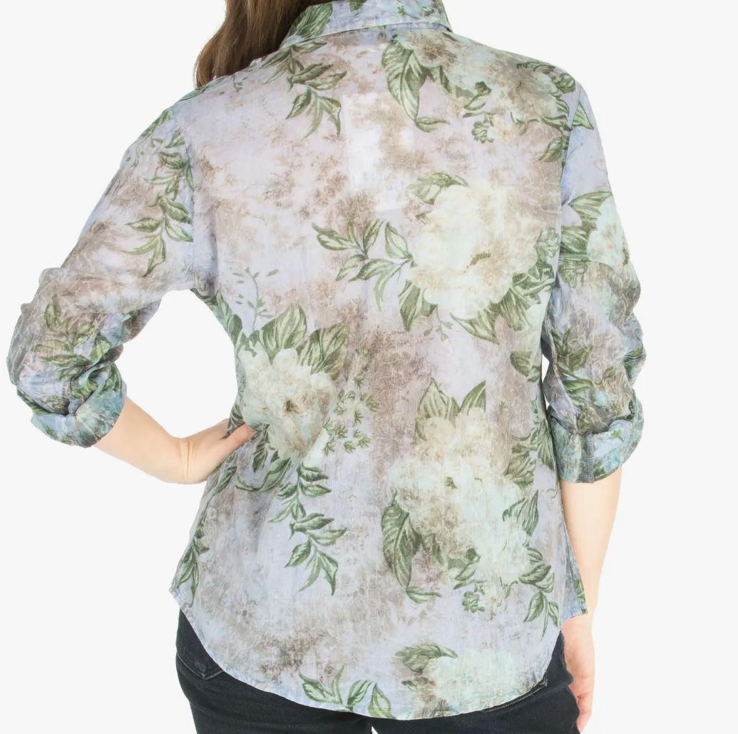 Floral Printed Button-Down Shirt with Vintage Wash