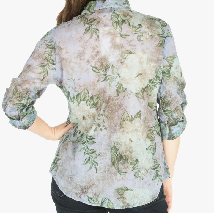Floral Printed Button-Down Shirt with Vintage Wash