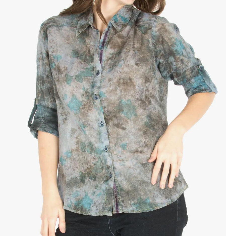 Floral Printed Button-Down Shirt with Vintage Wash
