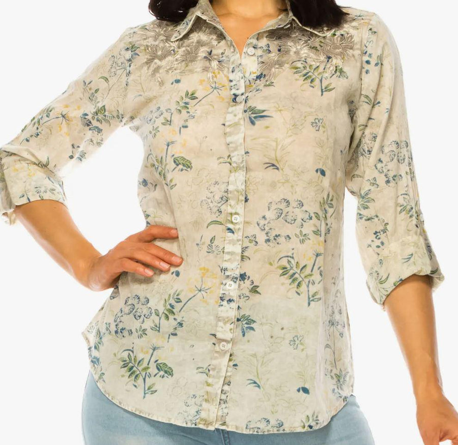 Floral Printed Button-Down Shirt with Vintage Wash | Ash