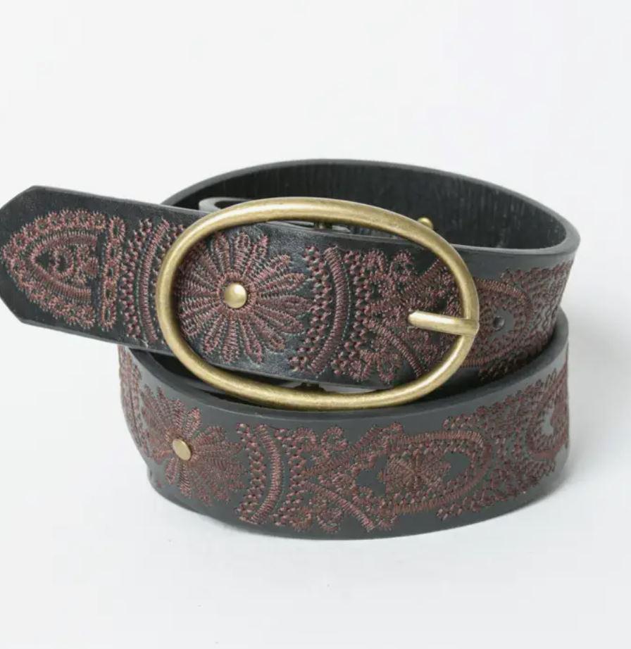 Floral Stitch Oval Buckle Belt