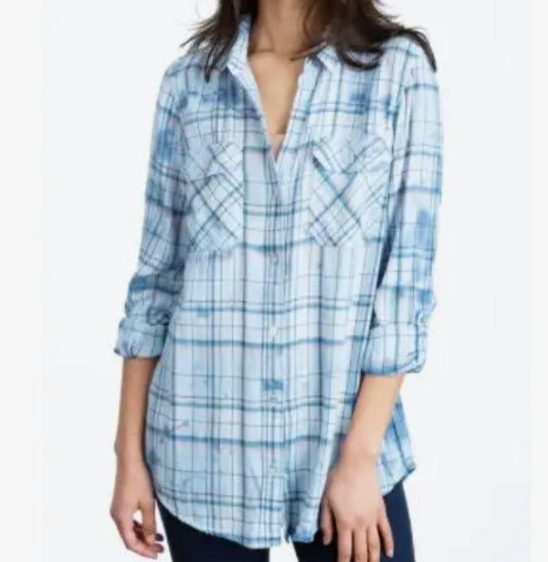 Given Kale Plaid Lace Up Back Shirt | Washed Blue Plaid