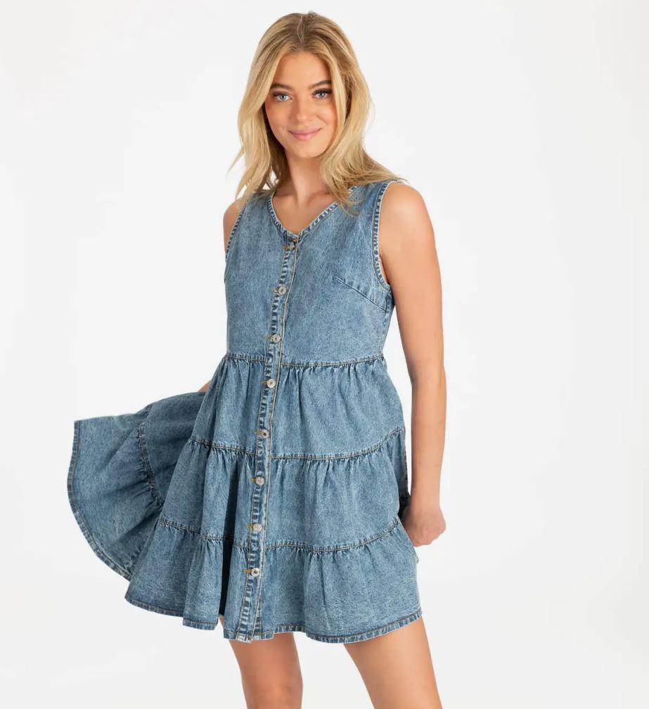 Given Kale Tiered Denim Dress