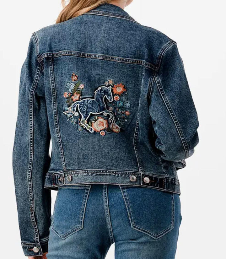 Grace in LA Denim Jacket | Horse with Floral Embroidery Paisley Trim