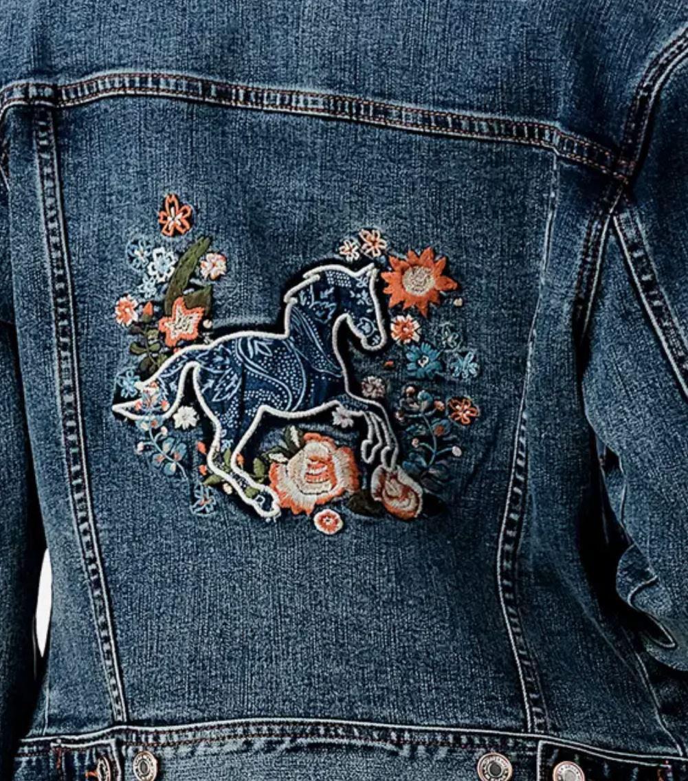 Grace in LA Denim Jacket | Horse with Floral Embroidery Paisley Trim