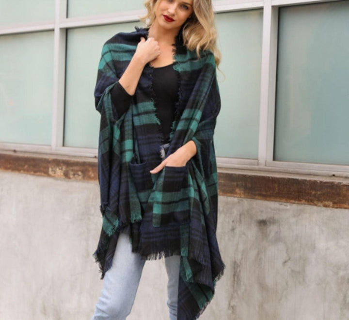 Classic Plaid Pocket Ruana Green Blue