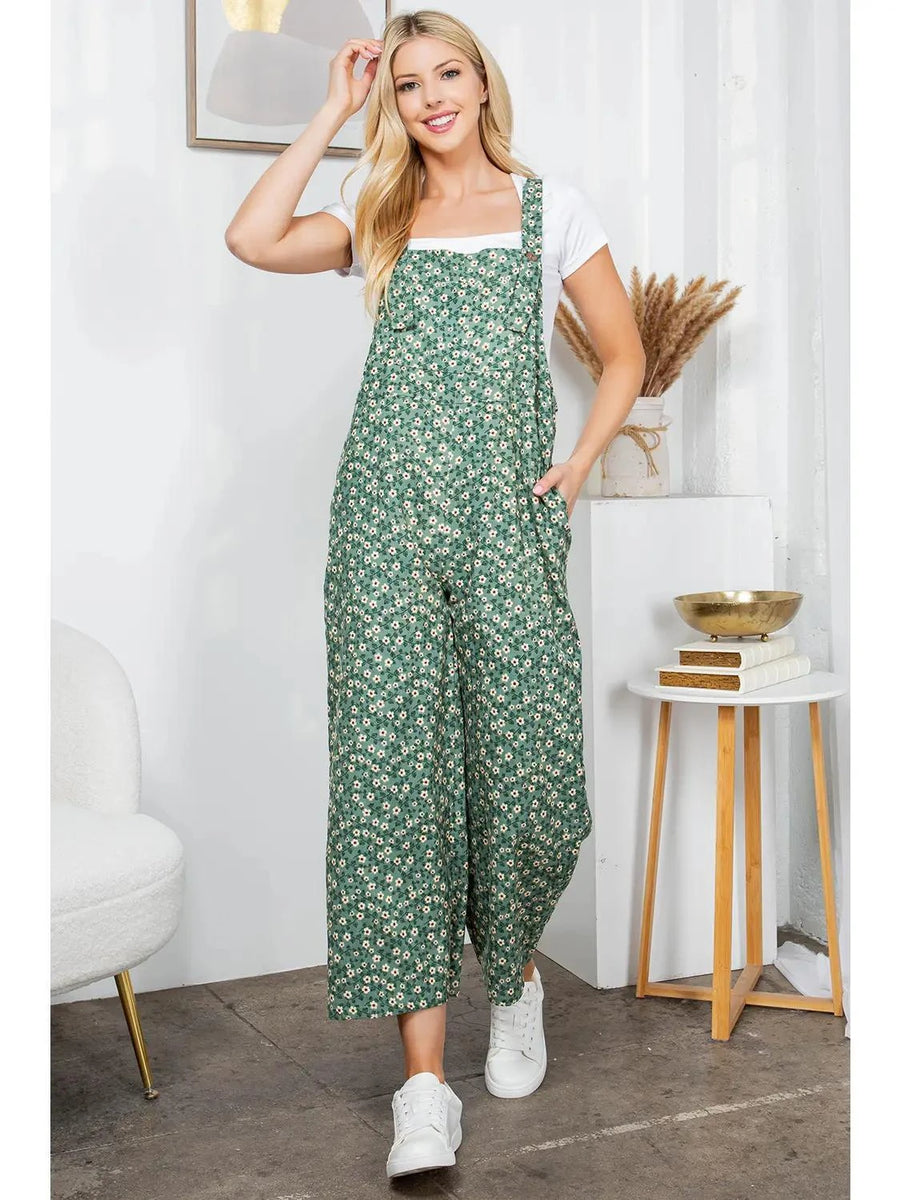Green Floral Print Corduroy Overall Green Floral Print Corduroy Overall