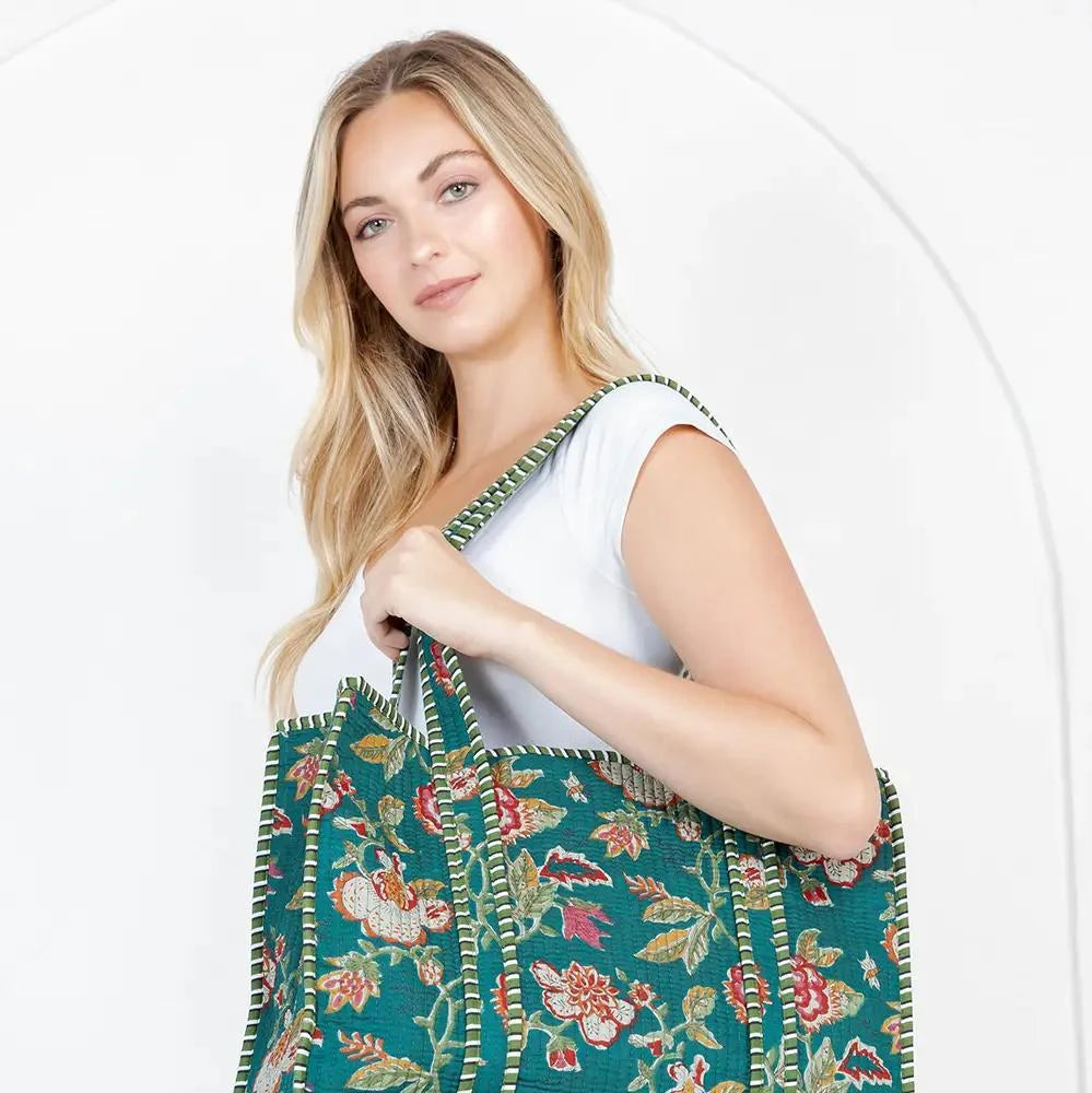 Quilted Tote Bag Reversible Green Floral Quilted Tote Bag Reversible