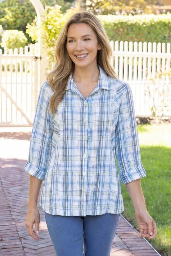 Habitat Clothing BLURRED PLAID BOYFRIEND TUNIC in SKY Habitat Clothing BLURRED PLAID BOYFRIEND TUNIC in SKY
