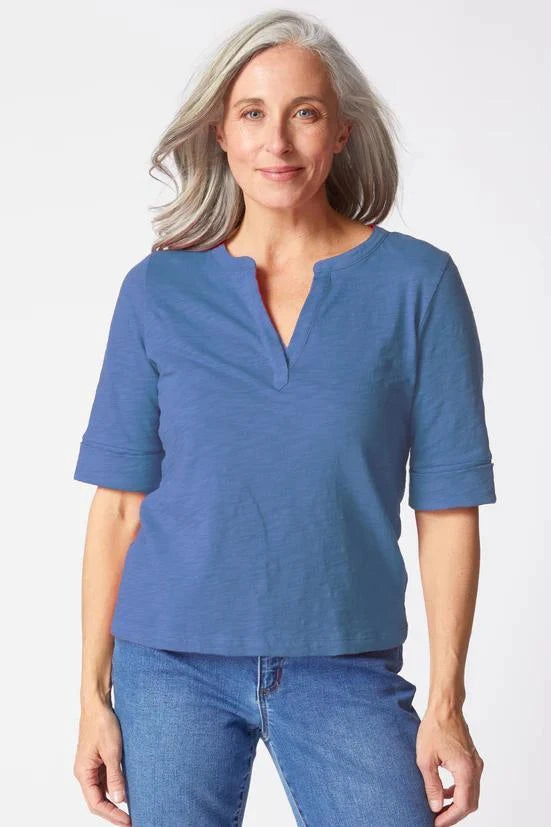 Habitat Clothing Peruvian Textured Cotton Split Collar Elbow Sleeve Tee in Sky Habitat Clothing Peruvian Textured Cotton Split Collar Elbow Sleeve Tee in Sky