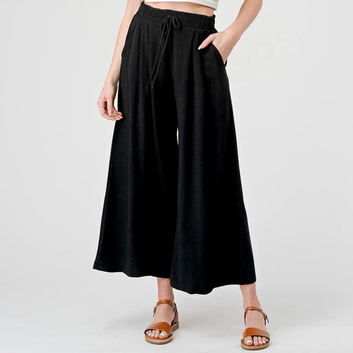 Heimious Elastic Waist Pull-On Culotte Heavy Linen Pants Heimious Elastic Waist Pull-On Culotte Heavy Linen Pants
