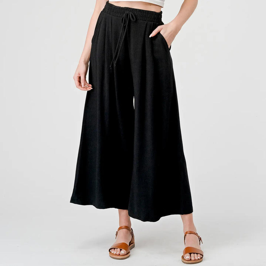 Heimious Elastic Waist Pull-On Culotte Heavy Linen Pants Heimious Elastic Waist Pull-On Culotte Heavy Linen Pants