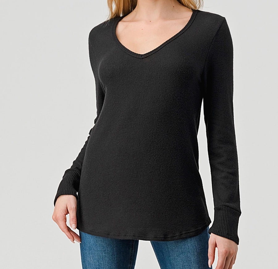 Heimious Long Sleeve V-Neck Relaxed Fit Brushed Knit Top