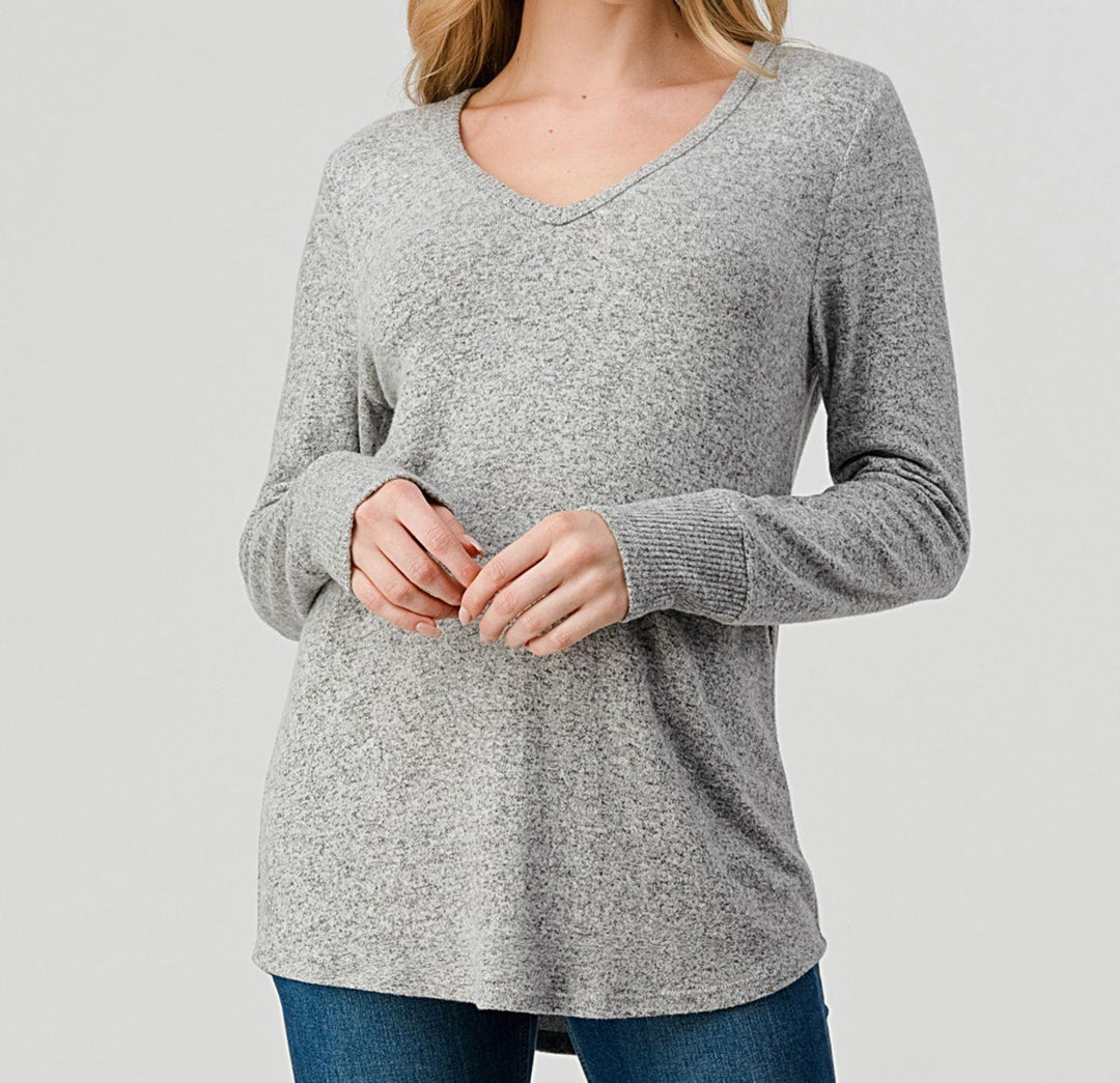 Heimious Long Sleeve V-Neck Relaxed Fit Brushed Knit Top