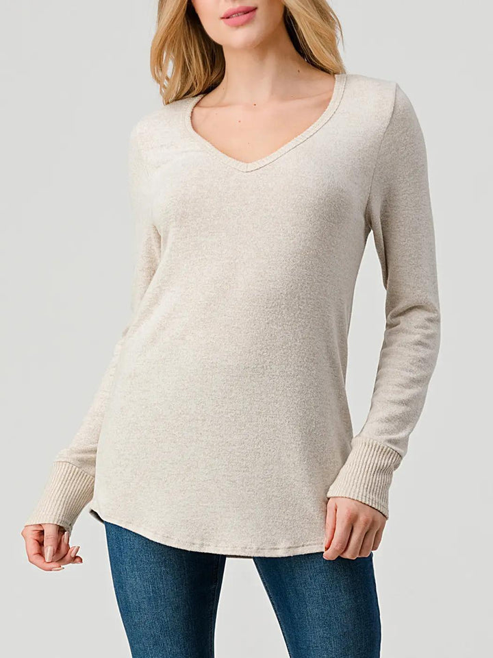 Heimious Long Sleeve V-Neck Relaxed Fit Brushed Knit Top