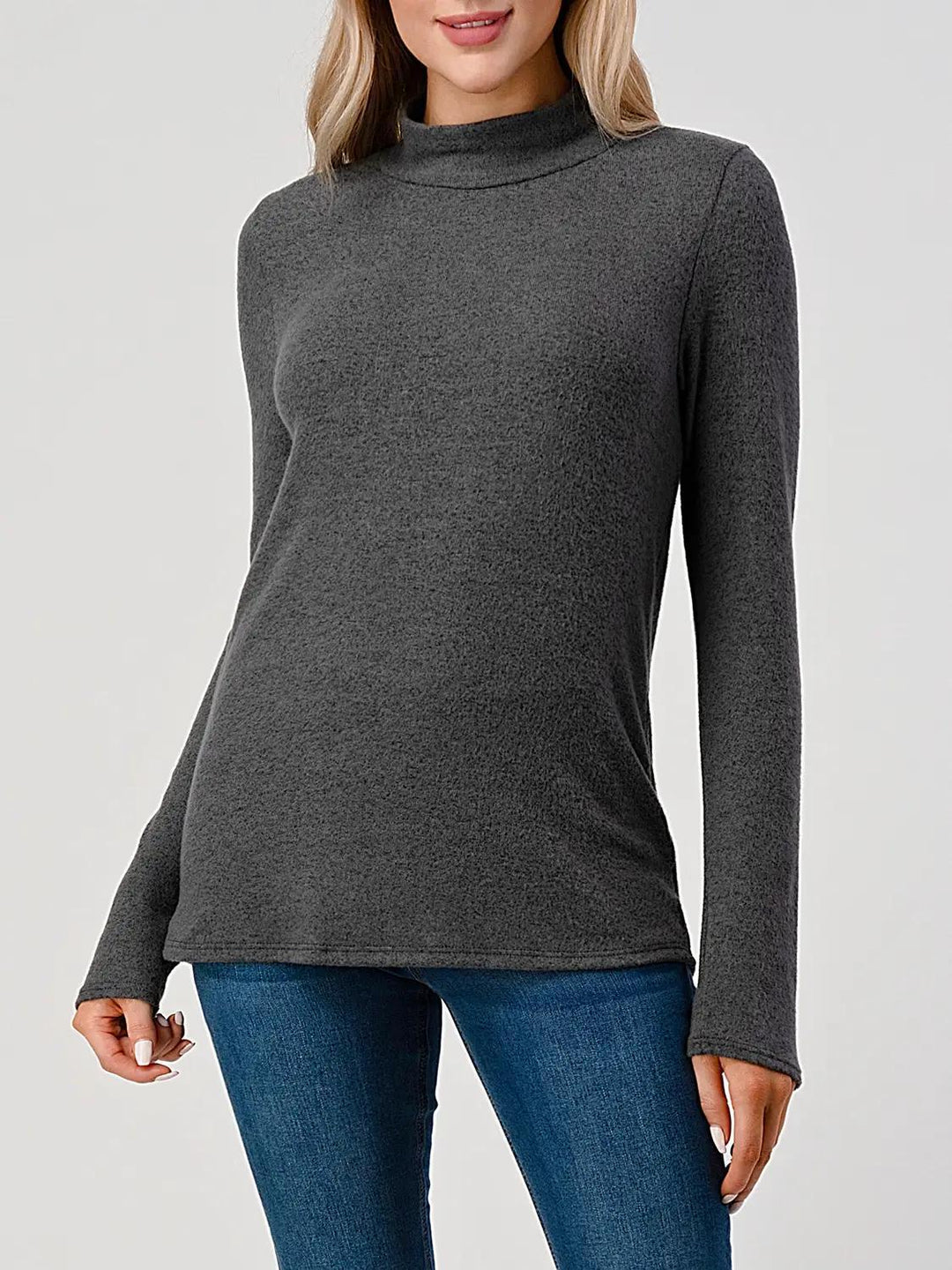 Heimious Mock Neck L-Sleeve Relaxed Fit Brushed Knit Top