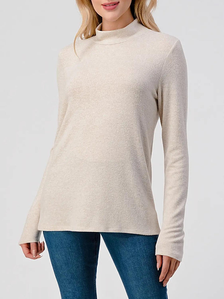 Heimious Mock Neck L-Sleeve Relaxed Fit Brushed Knit Top