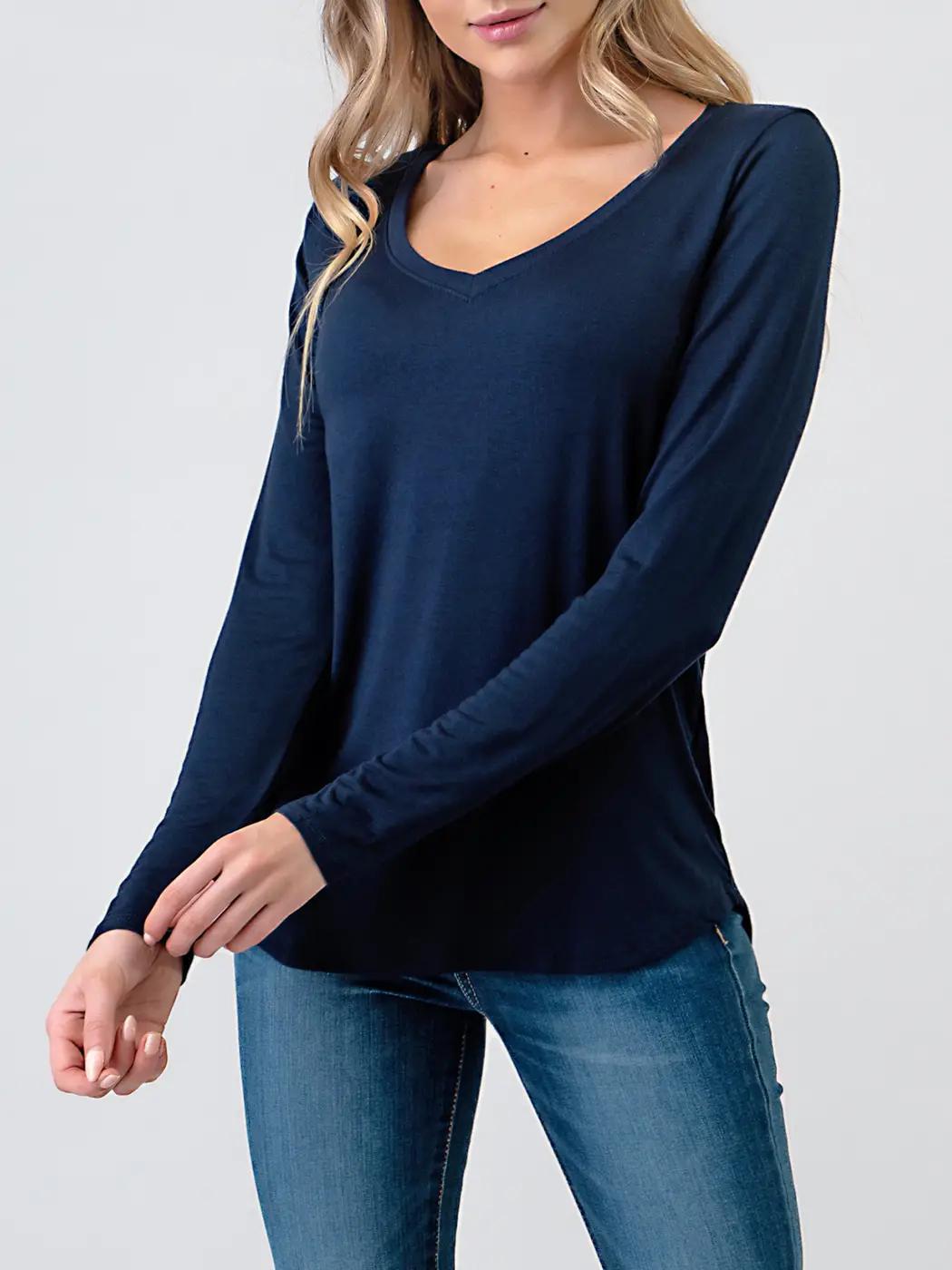 Heimious Modal Long Sleeve V-Neck Relaxed Fit T-Shirt