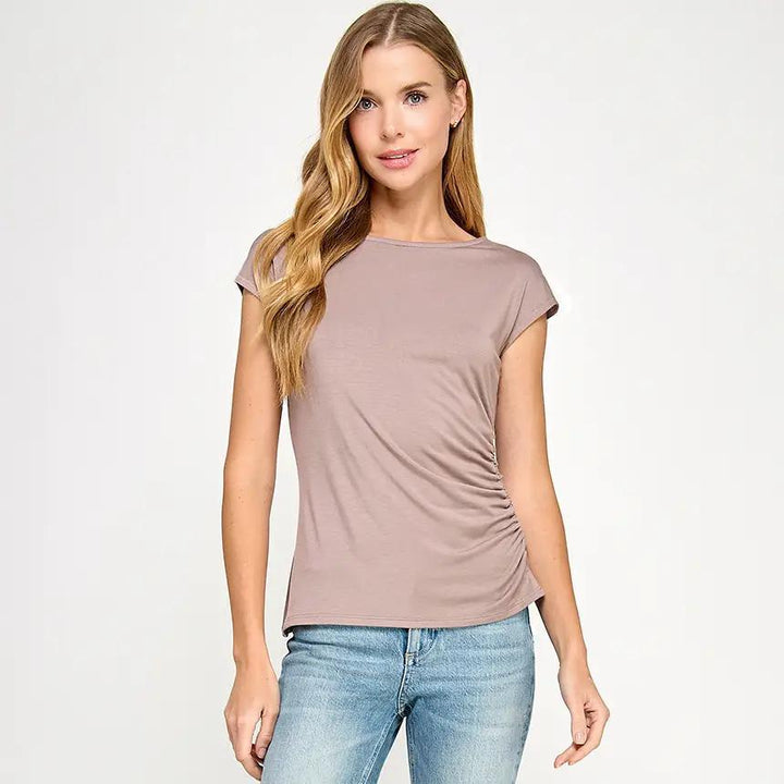 Heimious One Side Ruched Cap Sleeve Top Heimious One Side Ruched Cap Sleeve Top