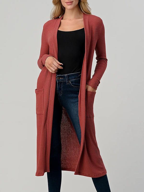 Heimious Open Front Long Sleeve Ribbed Knit Cardigan