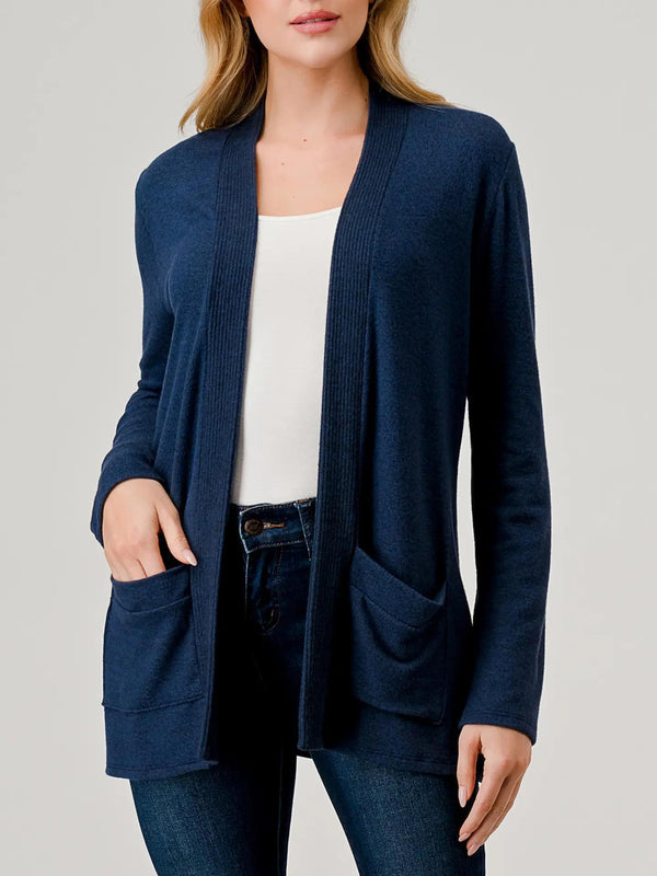 Heimious Rib Contrast Brushed Knit Cardigan w/ Pockets