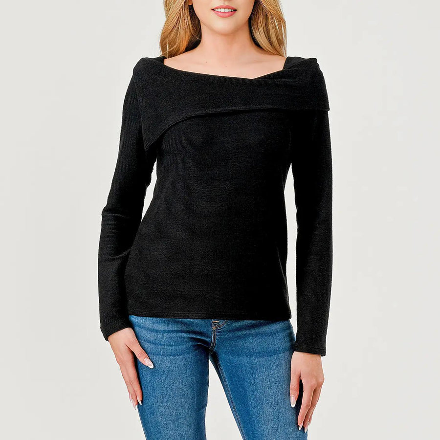 Heimious Semi-Off Shoulder Long Sleeve Texture Top Heimious Semi-Off Shoulder Long Sleeve Texture Top
