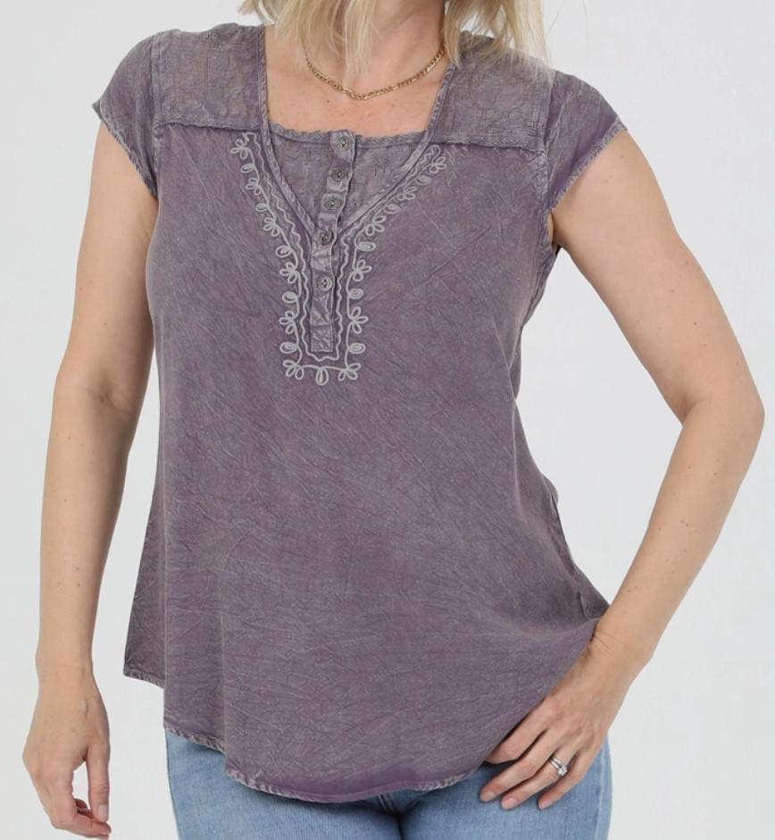 Henley Blouse with  Lace Inserts and Rounded Hem