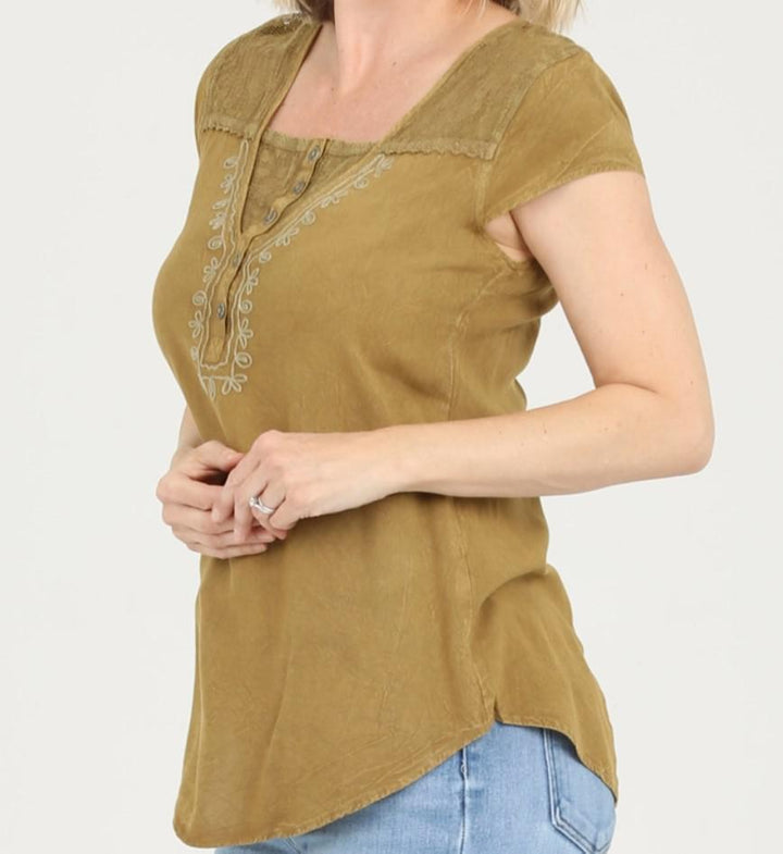 Henley Blouse with  Lace Inserts and Rounded Hem