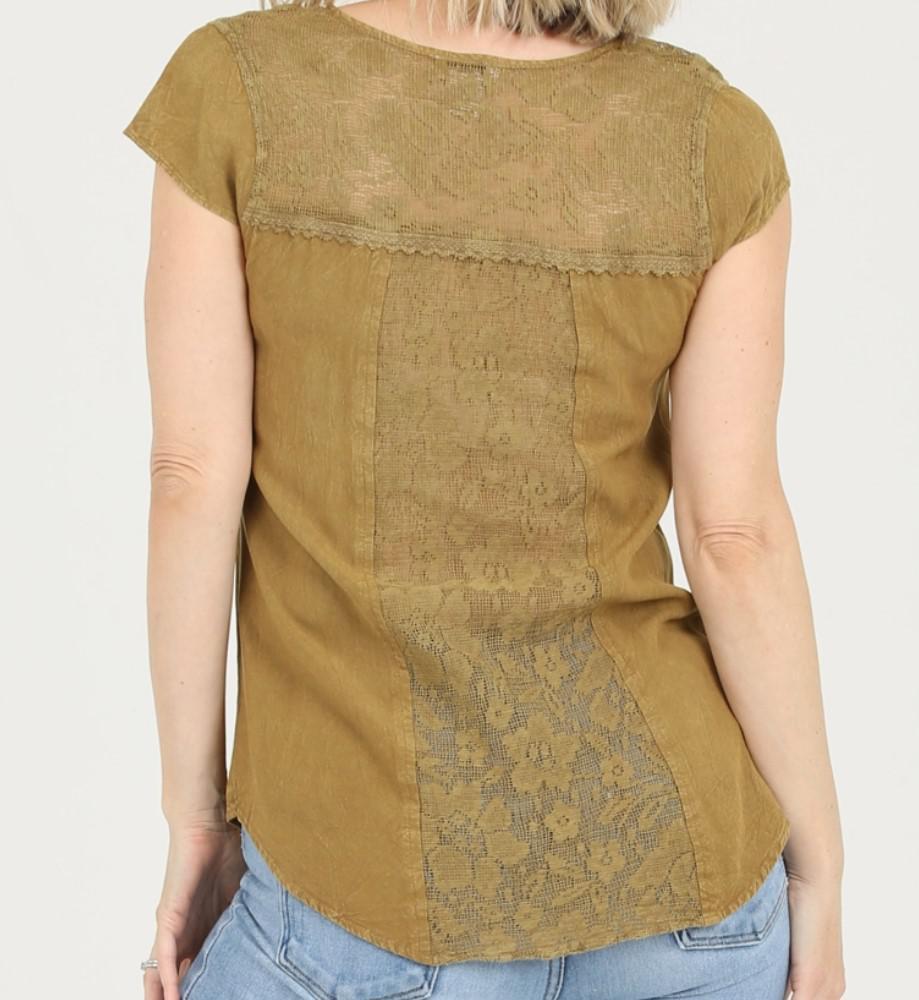 Henley Blouse with  Lace Inserts and Rounded Hem