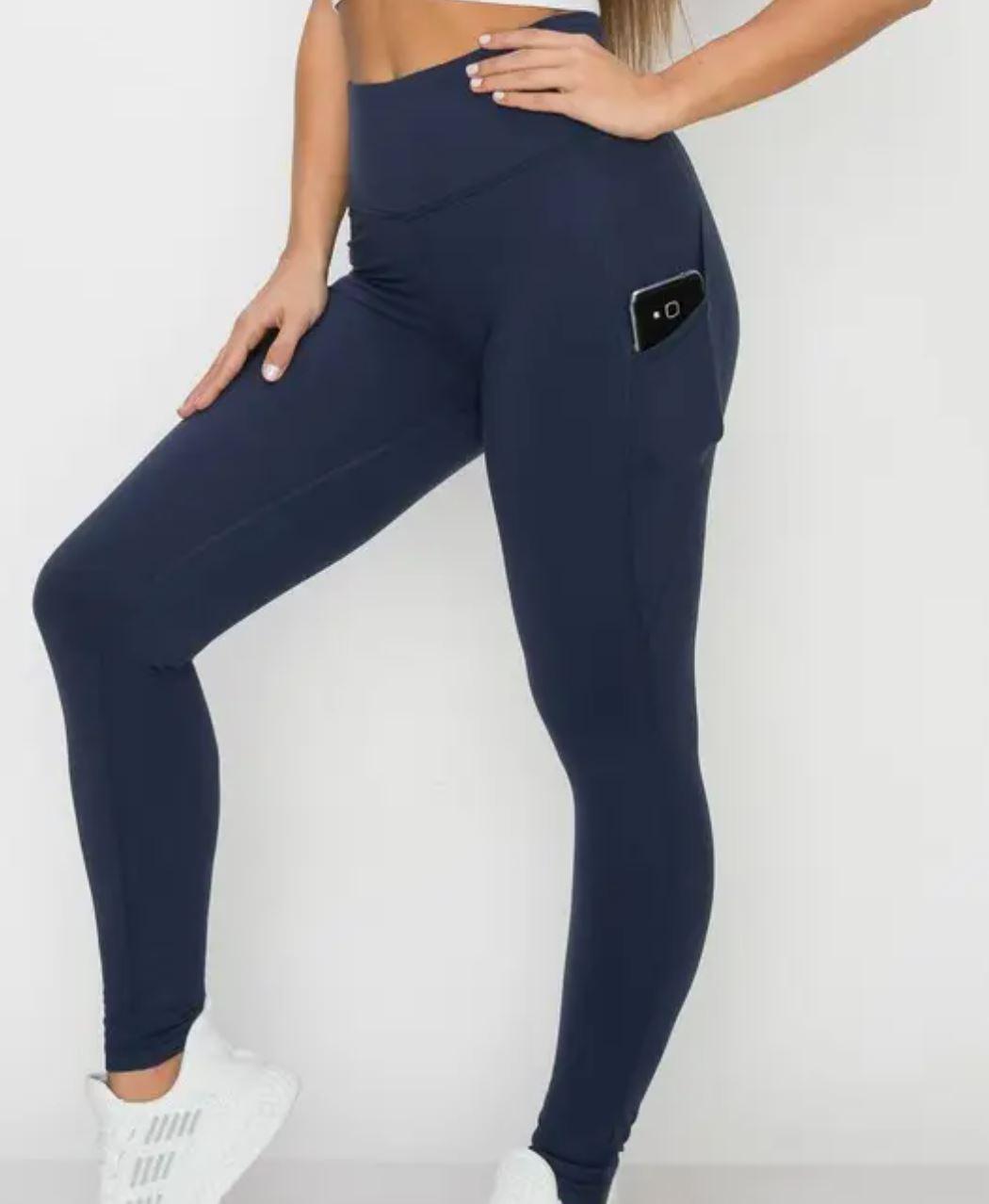 High Waist Long Yoga Pants with Side Pockets | Navy