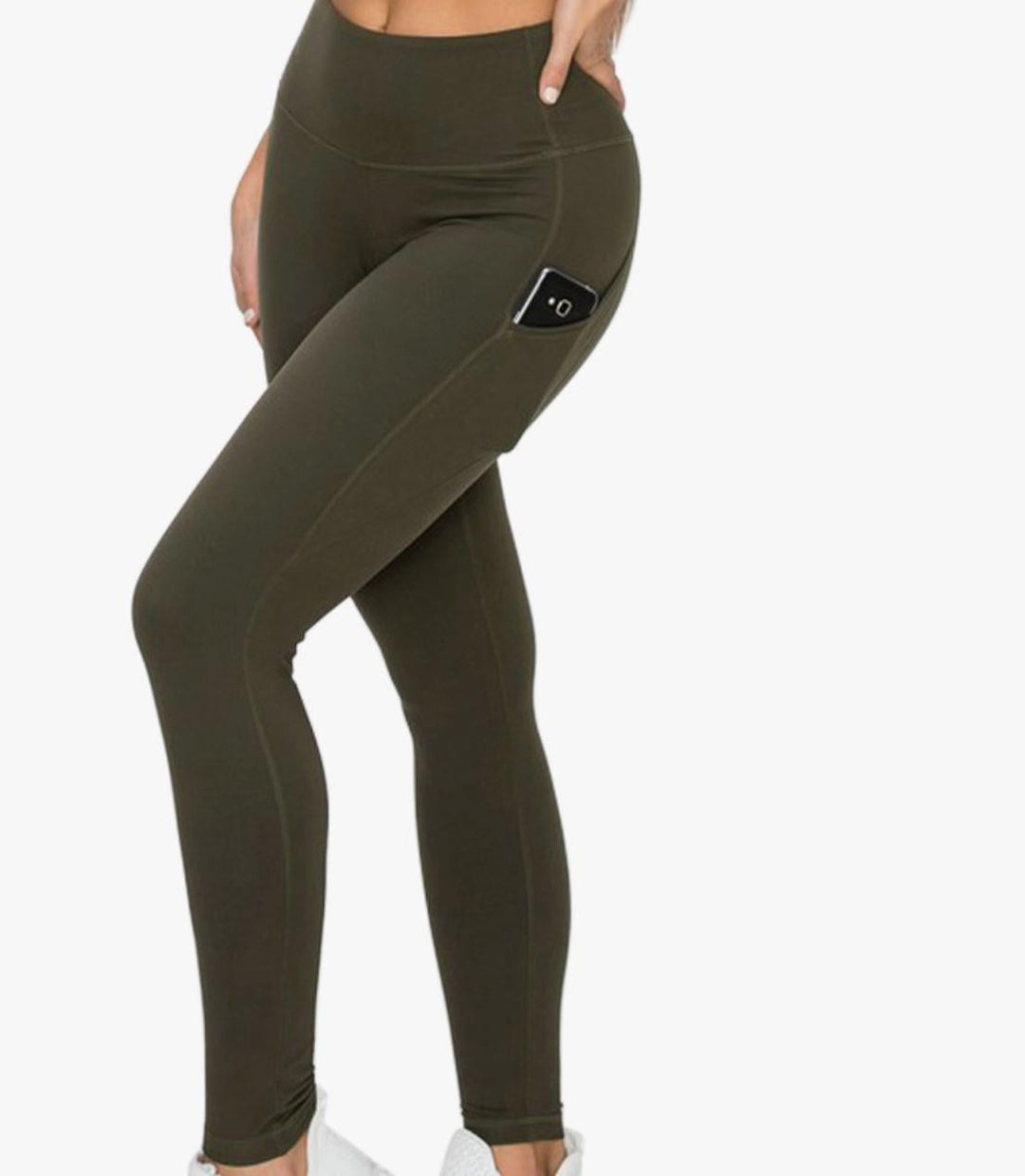 High Waist Long Yoga Pants with Side Pockets | Olive