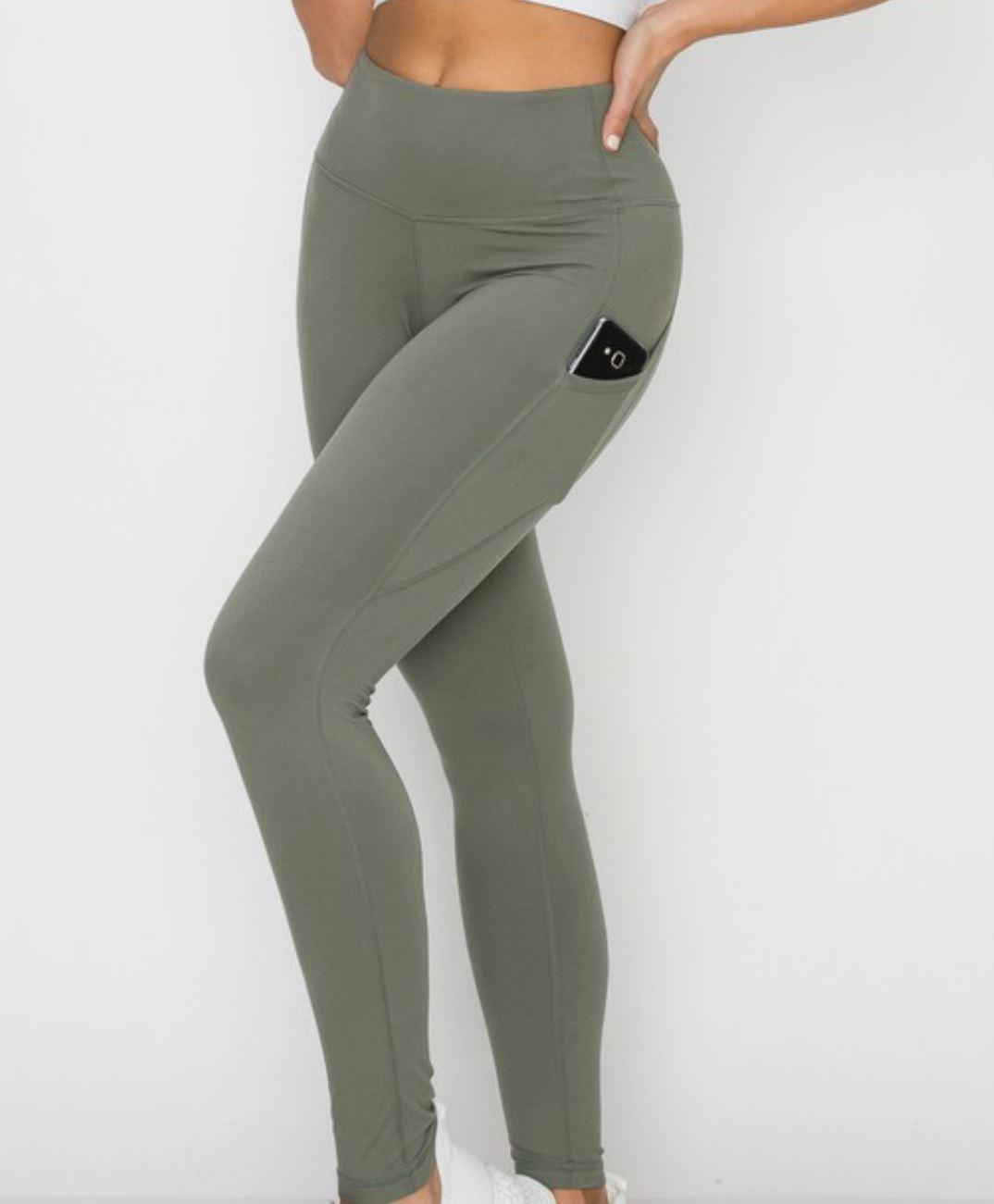 High Waist Long Yoga Pants with Side Pockets | Sage