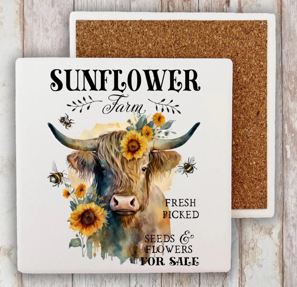 Decorative Stone Coaster Highland Cow Sunflower