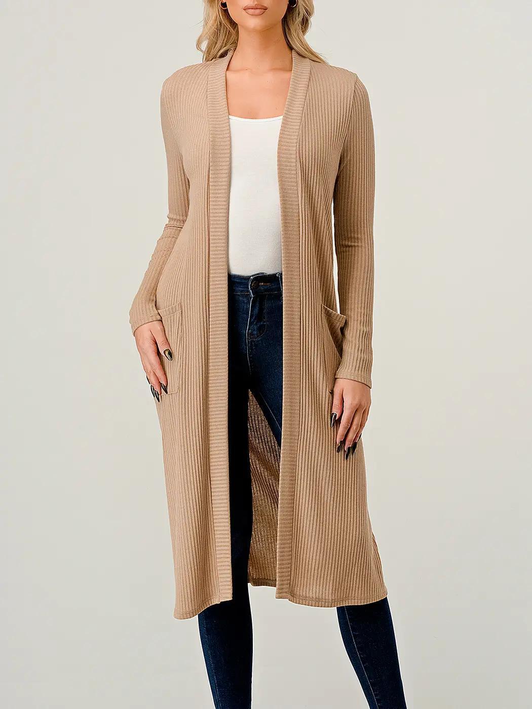 Heimious Open Front Long Sleeve Ribbed Knit Cardigan Khaki L