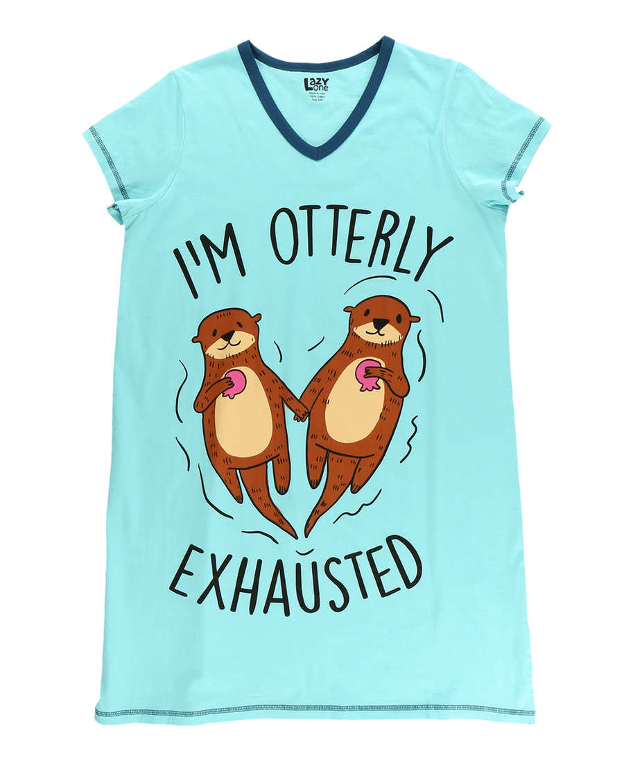 Lazy One Otterly Exhausted Light Blue Women's V-Neck Nightshirt Lazy One Otterly Exhausted Light Blue Women's V-Neck Nightshirt