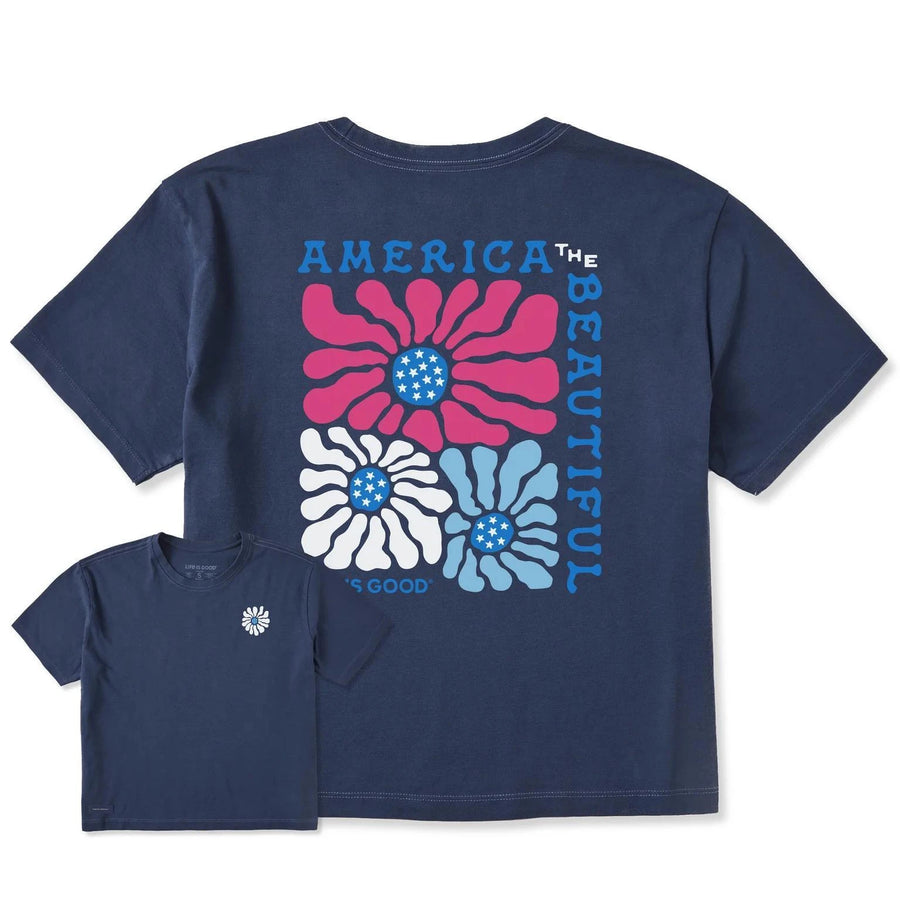Life is Good Women's America the Beautiful Flowers Short Sleeve Crusher Boxy Tee Life is Good Women's America the Beautiful Flowers Short Sleeve Crusher Boxy Tee