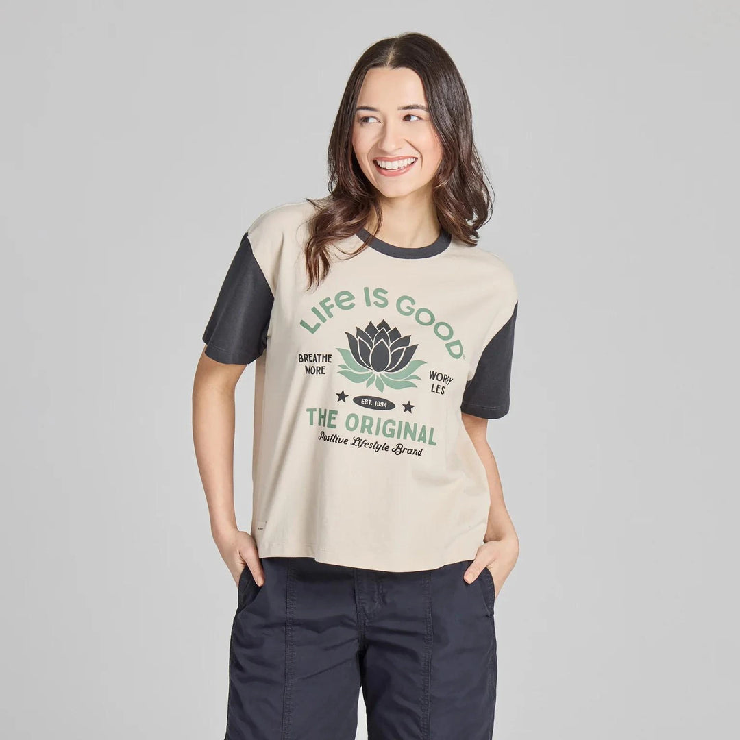 Life is Good Women's Breathe More Lotus Short Sleeve Crusher Boxy Tee Life is Good Women's Breathe More Lotus Short Sleeve Crusher Boxy Tee