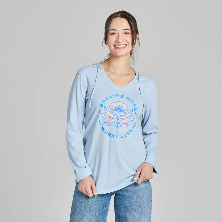 Life is Good Women's Breathe More Worry Less Floral Tie Dye Long Sleeve Crusher-LITE Hooded Tee Life is Good Women's Breathe More Worry Less Floral Tie Dye Long Sleeve Crusher-LITE Hooded Tee