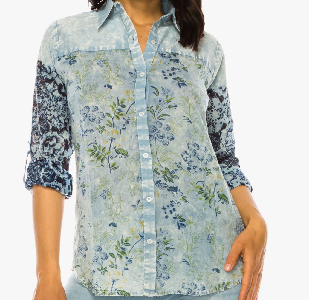 Light Blue Floral Mixed Print Shirt with Vintage Wash