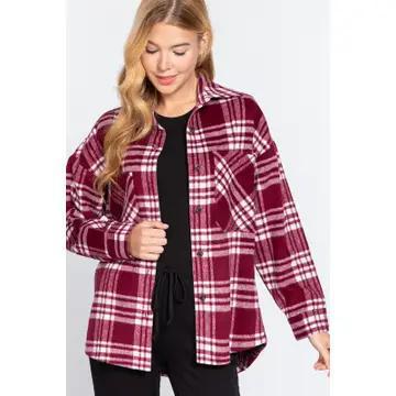 Long Sleeve Brushed Plaid Oversized Jacket | Burgundy & Ivory Long Sleeve Brushed Plaid Oversized Jacket | Burgundy & Ivory