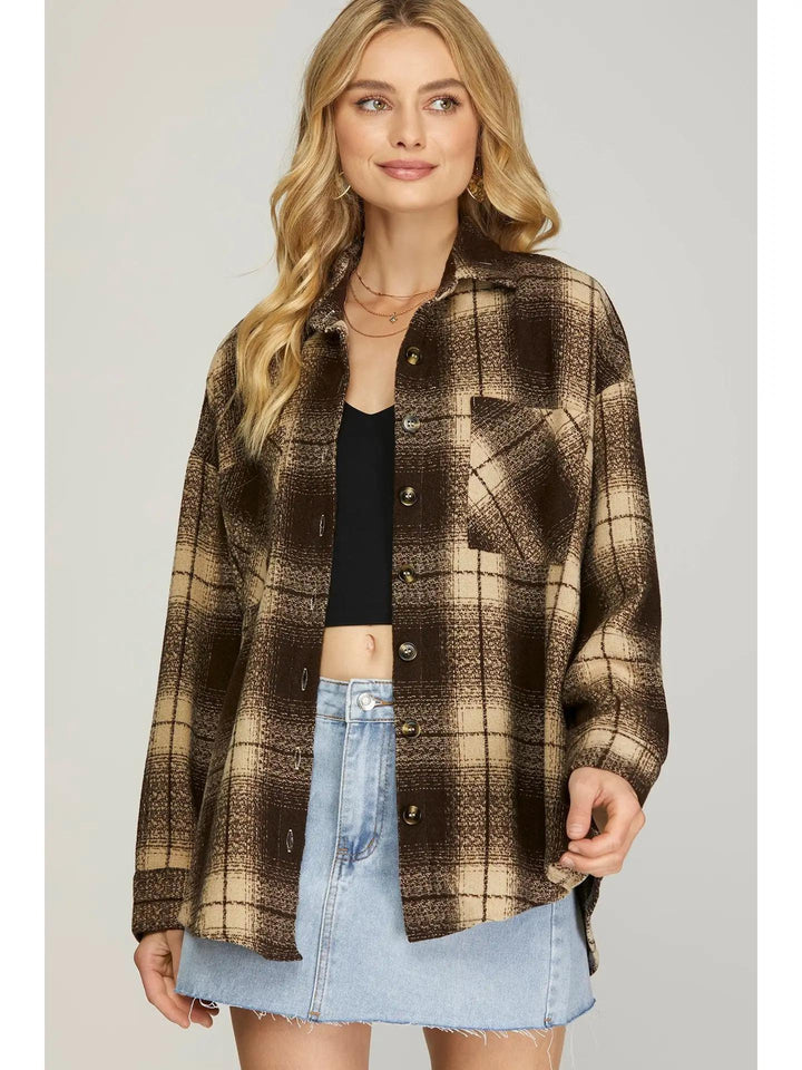 Long Sleeve Button Down Plaid Shacket