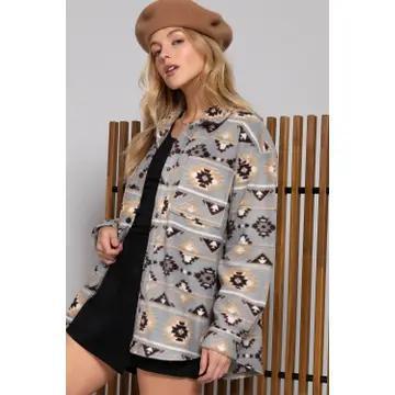 Long Sleeve Printed Fleece Shacket Grey Taupe Long Sleeve Printed Fleece Shacket Grey Taupe