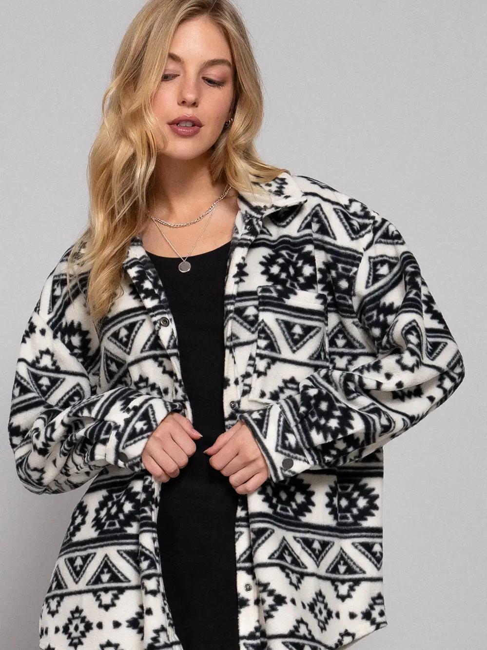 Long Sleeve Printed Fleece Shacket Long Sleeve Printed Fleece Shacket