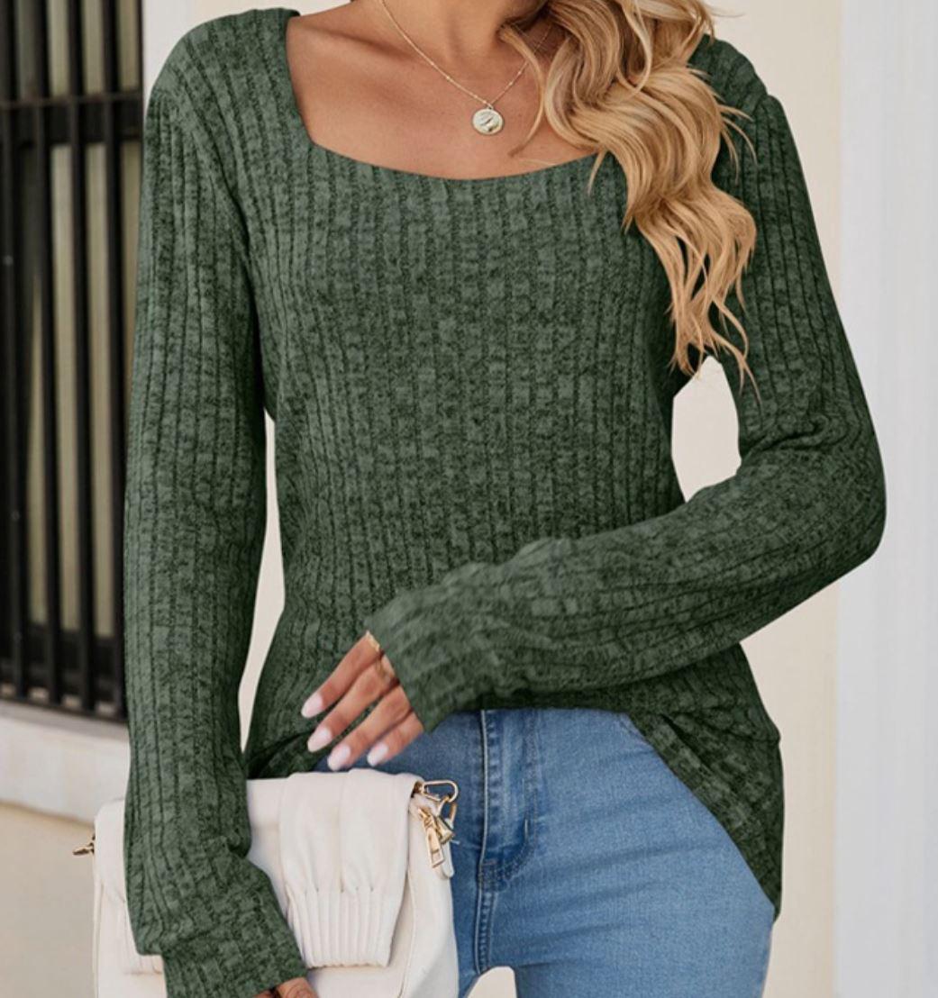 Long Sleeve Square Neck Ribbed Top | Army Green